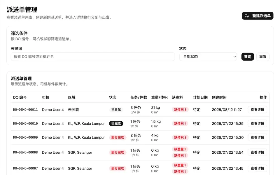 Asia Transport 调度与派送单运营界面